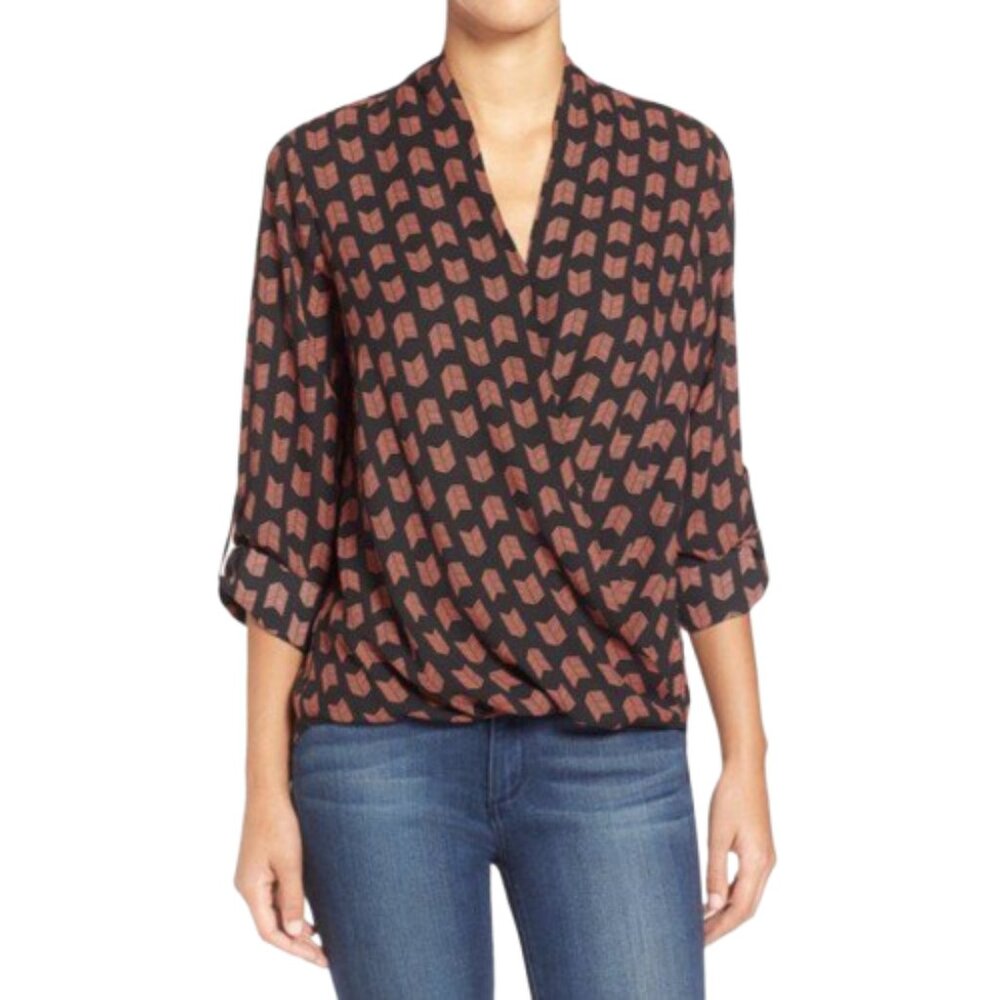 Pleione Geo-Print Faux Wrap Blouse Black Orange Roll-Tab Sleeves Career
